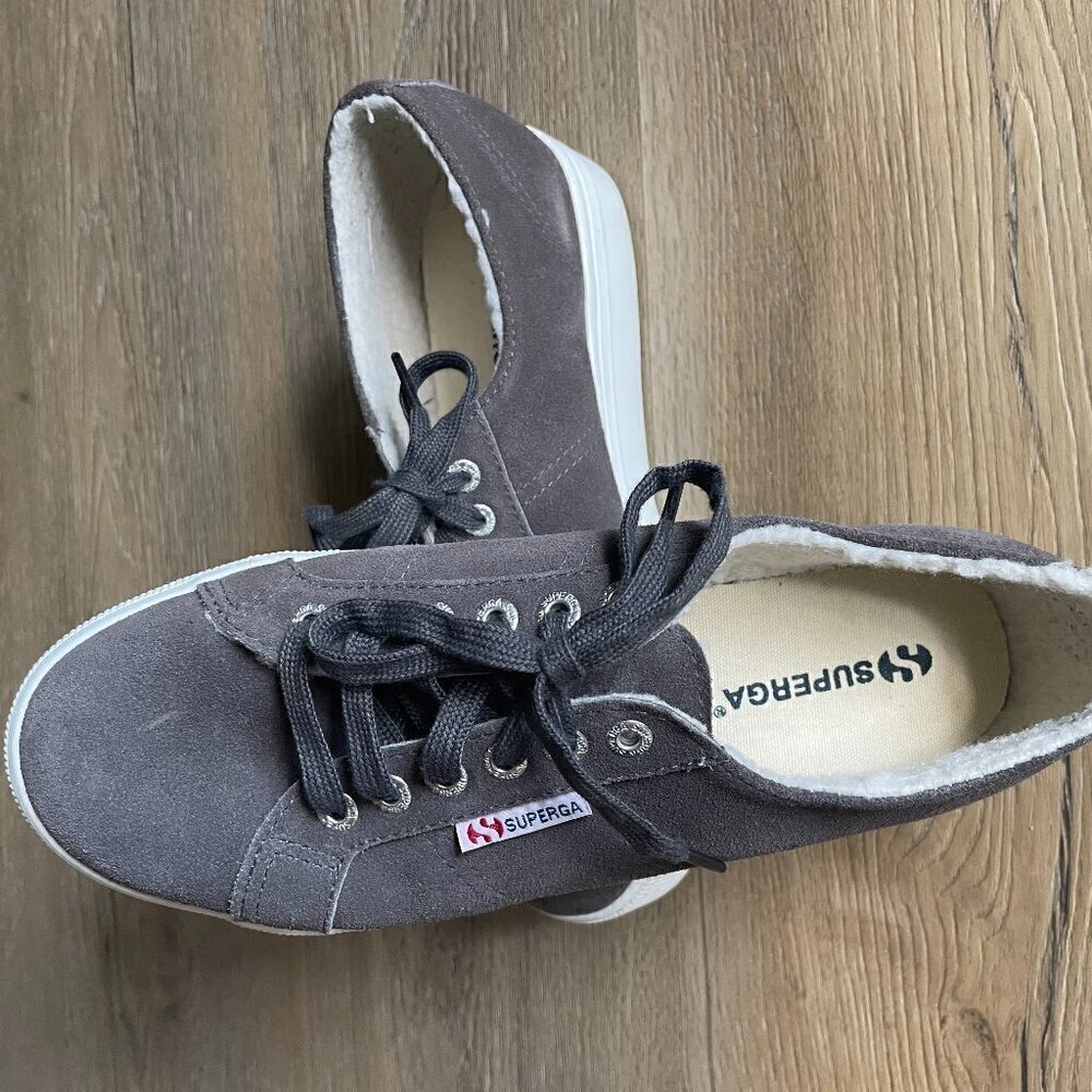 Superga Dark Gray Chunky Rubber White Platform Lace Up Suede Sneakers Size 39/8 - Picture 2 of 7